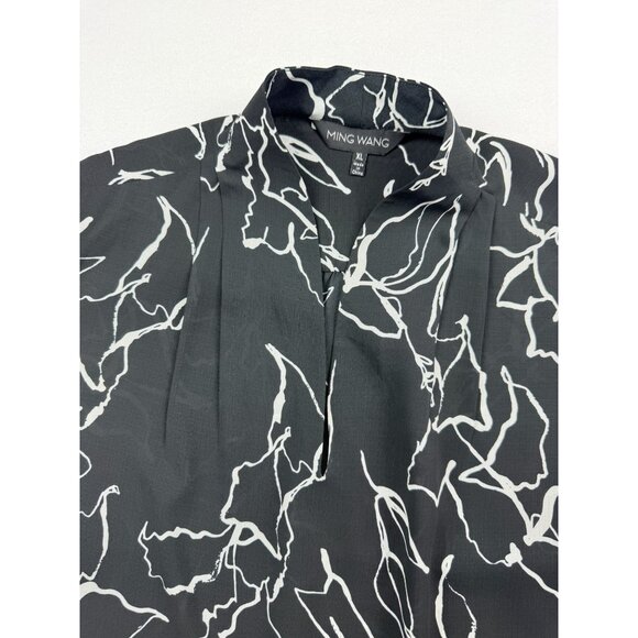 MING WANG Flroal Print‎ Roll Tab Sleeve Top Size XL Womens Black - Picture 4 of 10